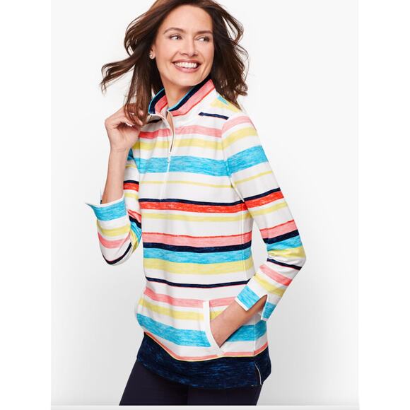 T By Talbots Med Pet Multicolor Striped Pullover 1/2 Zip 3/4 Sleeve Stretch Golf - Picture 1 of 13